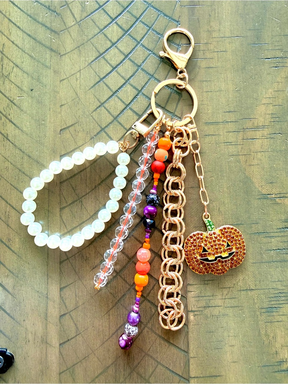 Gold-Tone Halloween Pumpkin Beaded Bag Charm